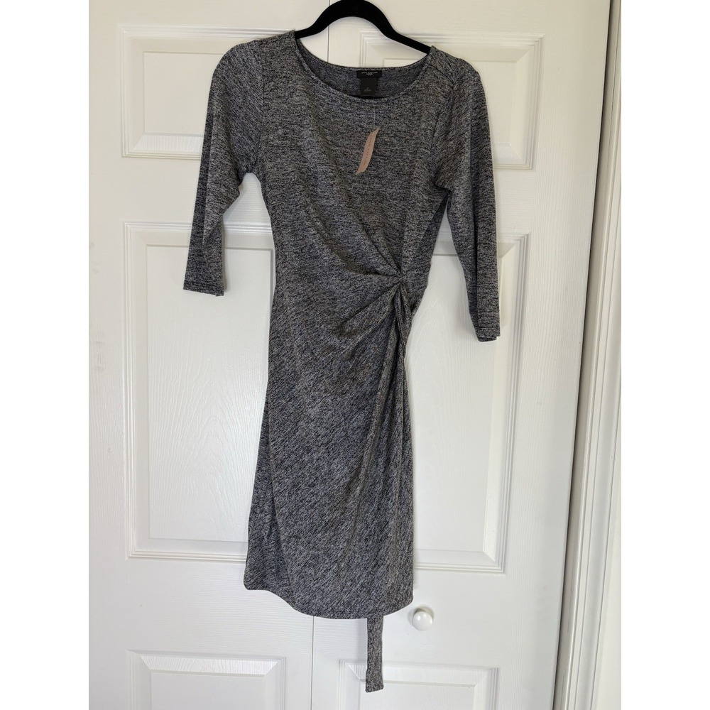 NWT Ann Taylor Loft Women's Gray Knee Length Dress Size Petite S 3/4 Sleeve Tie